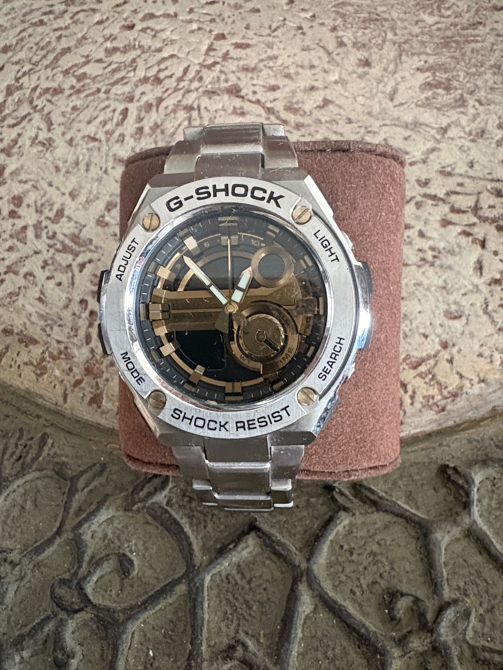 G-Shock Silver Stainless Steel Bracelet Watch with Black and Gold Dial